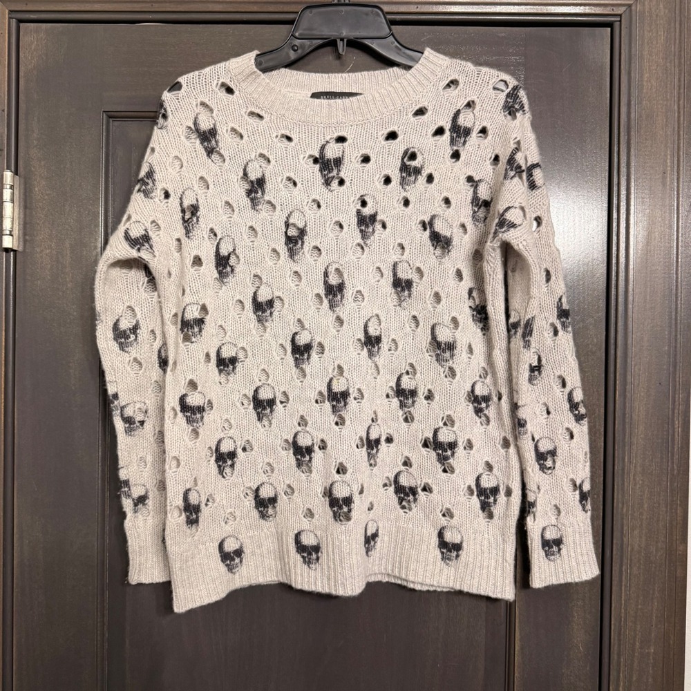 Skull Cashmere Womens Grey Distressed Skull Intarsia 100% Cashmere Sweater XS